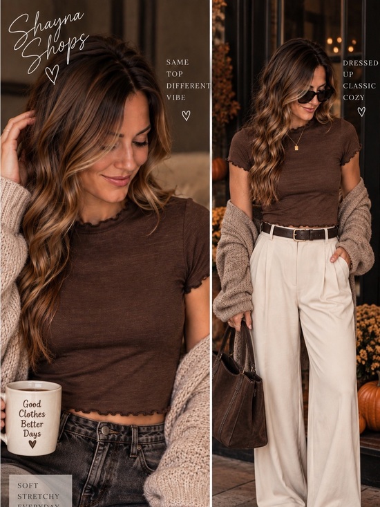 Zenana Outfitters Tops - Zenana Brown Lettuce Hem Cropped Tee Cotton Modal